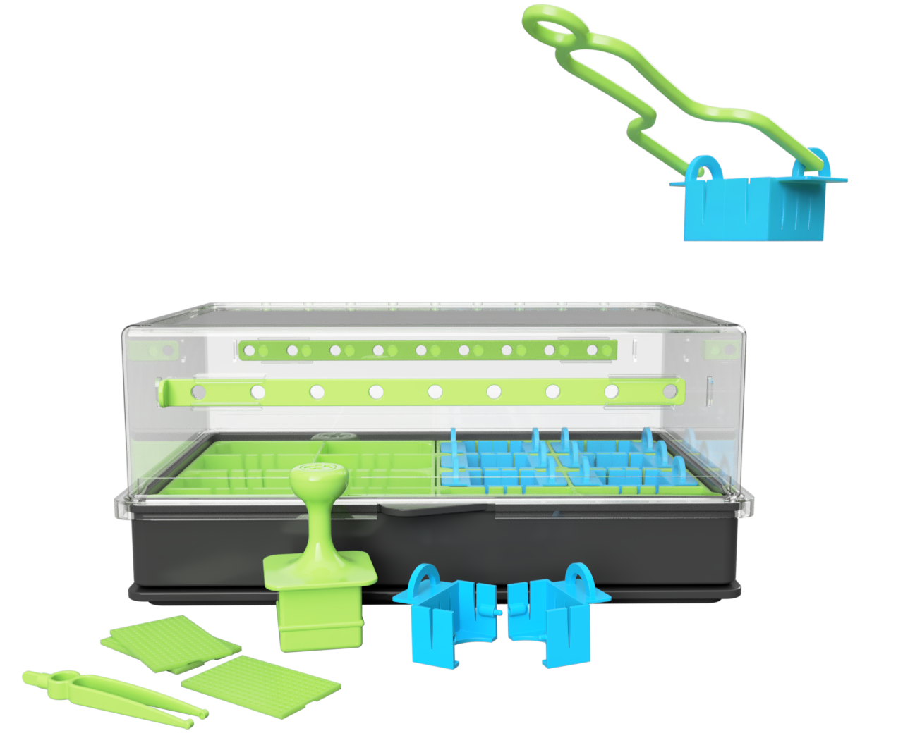 Image shows our upcoming tray set with huggers split pot,removal tool and block press