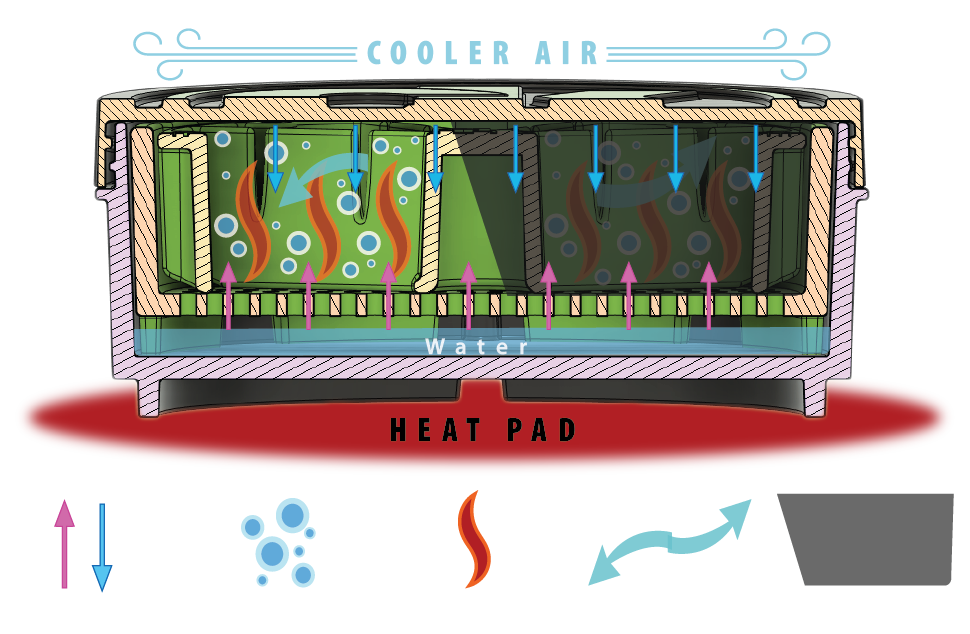 cutaway image of the full kan canister shows how the convection effect works. needed key points: holds in humidity, retains heat, air & waterflow, and darkness.