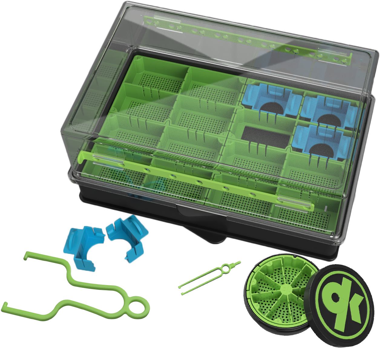 Image shows our Cannakan kan canister and tray set with huggers split pot and removal tool