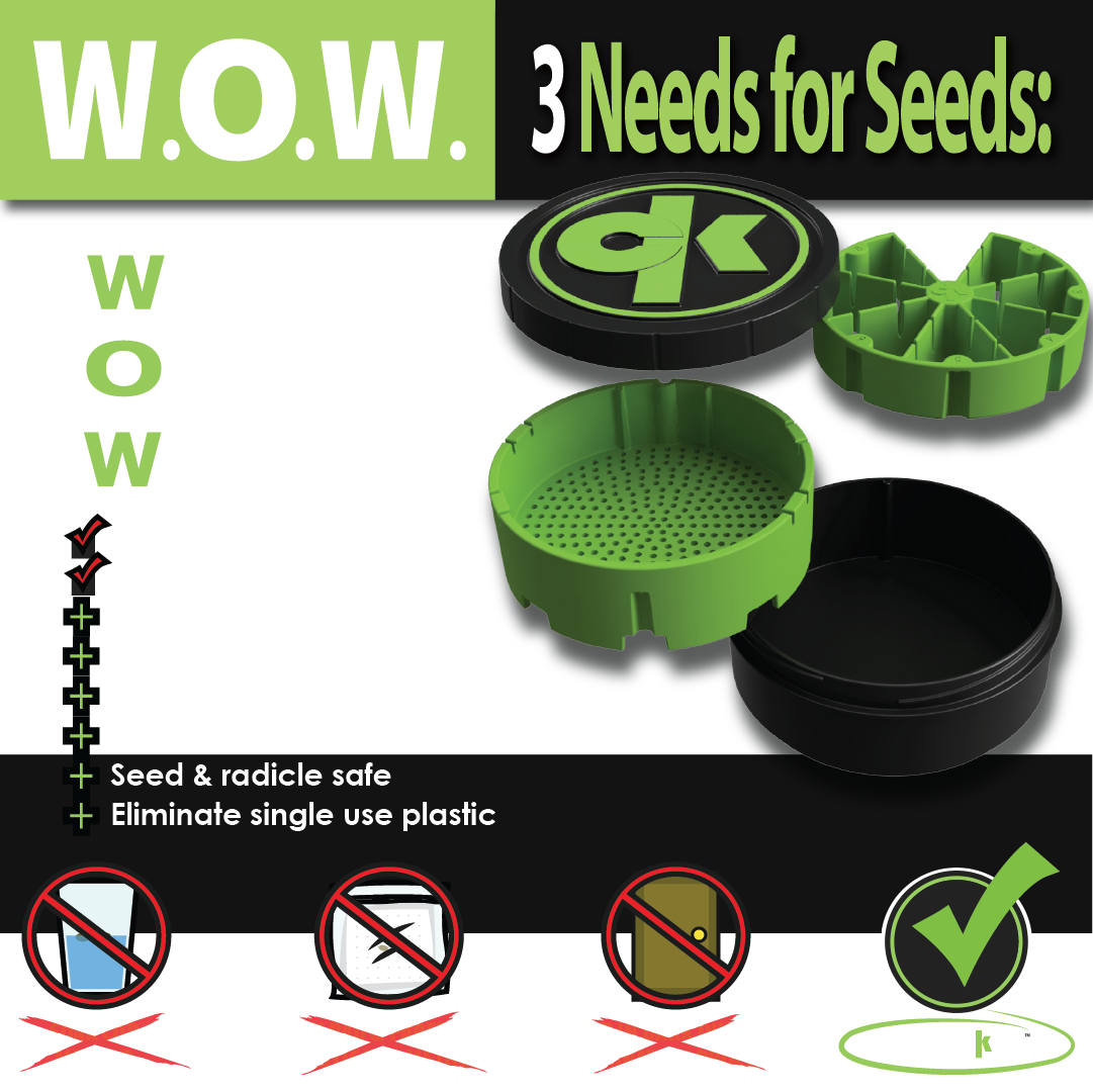Images shows 3 needs for seeds
W.O.W. = Water, Oxygen, Warmth
You can soak & germinate seeds.
Highlighted benefits: Darkness, Organized, Multiple varieties at once, retains heat & humidity, seeds & radicle safe, eliminate single use plastic