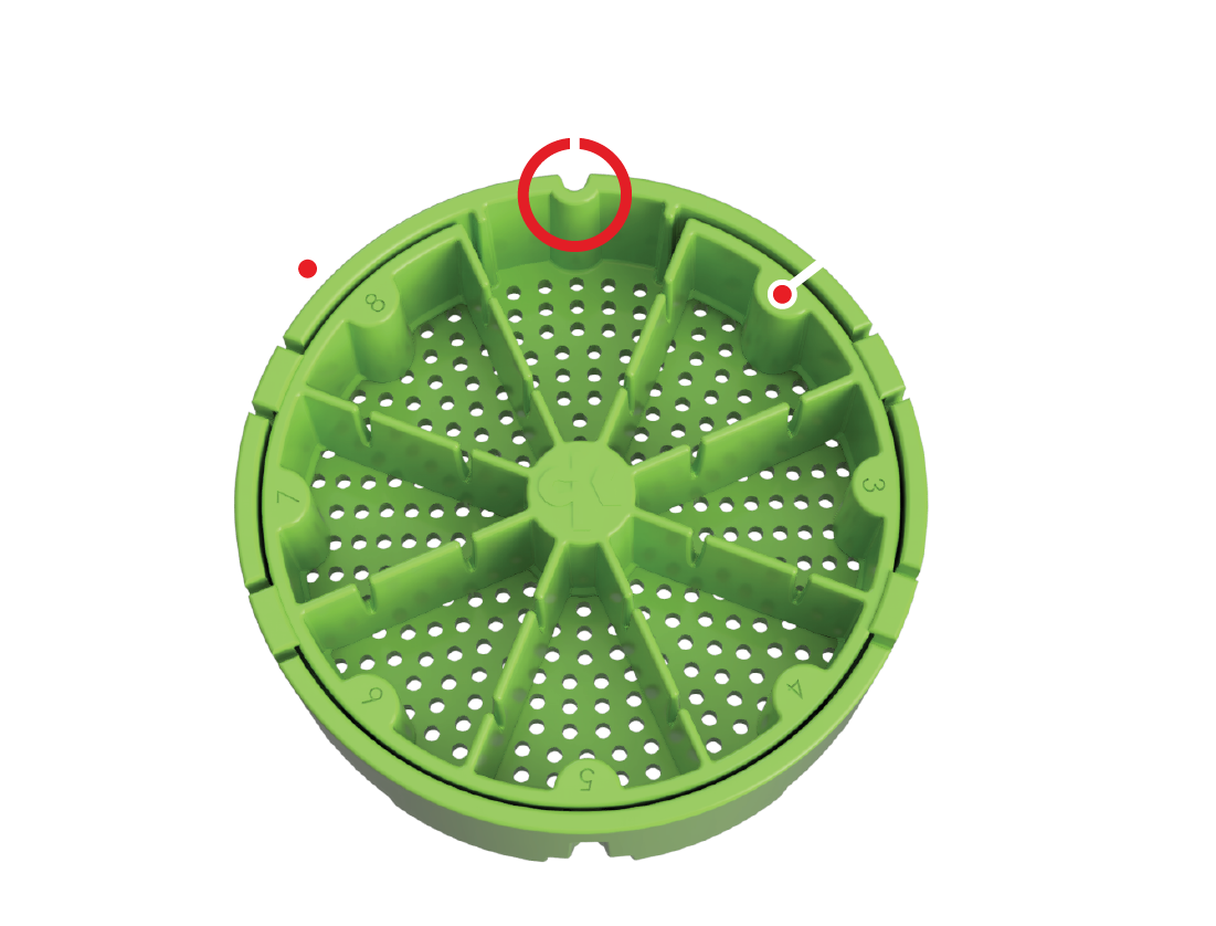 Image shows the different Parts of our strainer which are: 
- Strainer itself 
- Alignment features
- Inner partition part