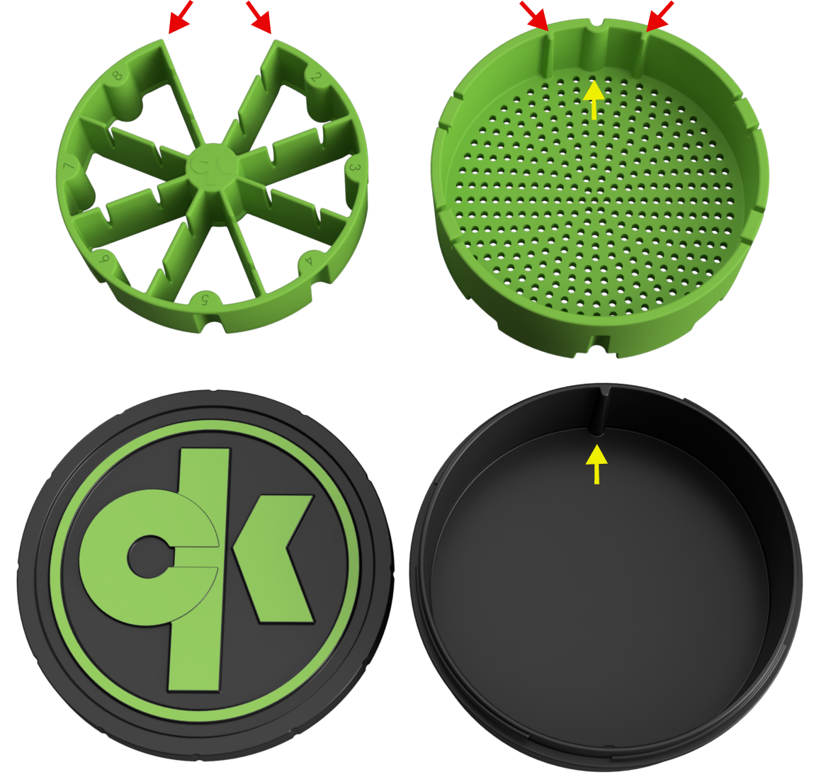 Image showing the alignment features of the inner partition to the strainer and the strainer to the canister body, highlighted with colored arrows.