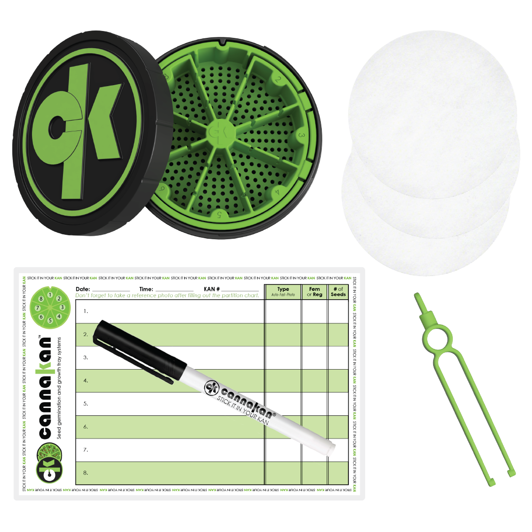 Product images shows everything whats included in our Germination KIT: our opened up KAN canister, Partition chart with fine wet erease marker, 3x lab filter papers and one of our HUGGERS.