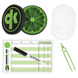 Product images shows everything whats included in our Germination KIT:  our opened up KAN canister, Partition chart with fine wet erease marker, 3x lab filter papers and one of our HUGGERS.
