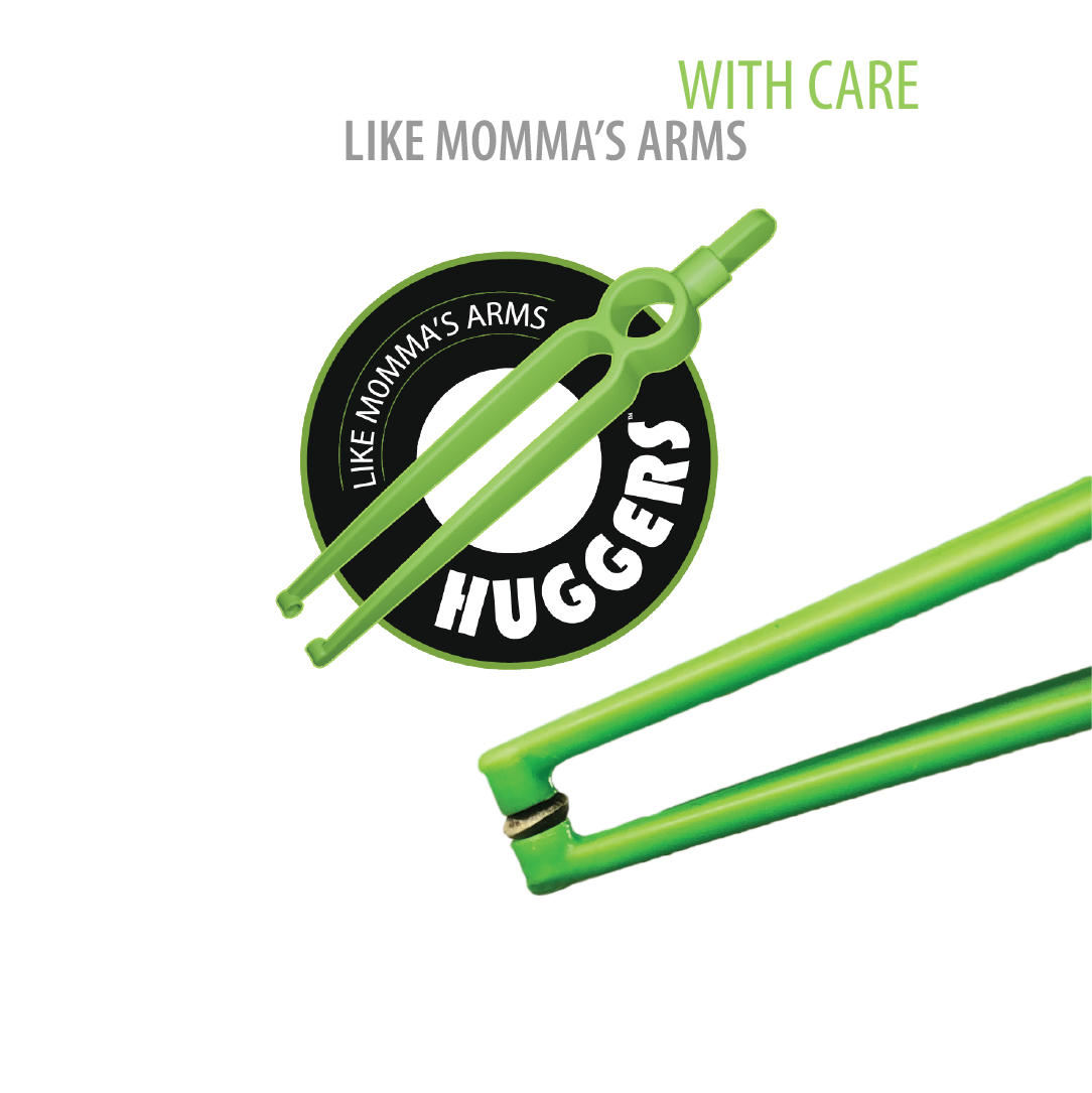 Product image shows the logo of our huggers - like momma's arms.
And also showing our huggers seed tweezers' cupped ends grabbing a seed with care to prevent contamination or damage