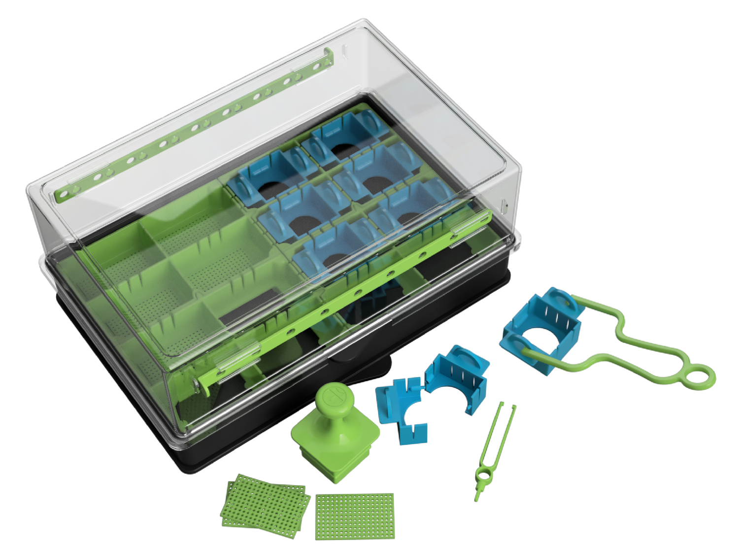 Image shows our upcoming TRa version with the lid, strainers, split-pots, removal tool, and block press, highlighting its complete and organized setup.