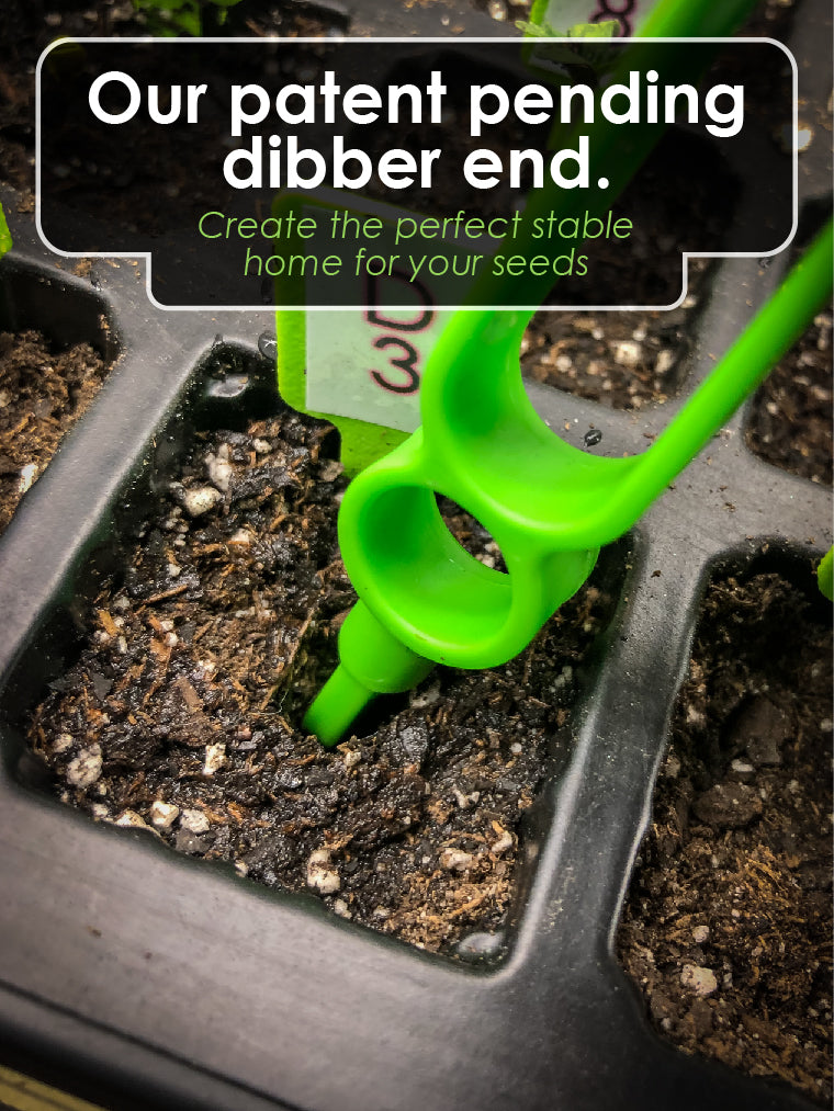 Image showing the opposite end of our Huggers, with the dibber end inserted into the soil or preferred medium to create a hole - the ideal-sized environment for the incoming seed.