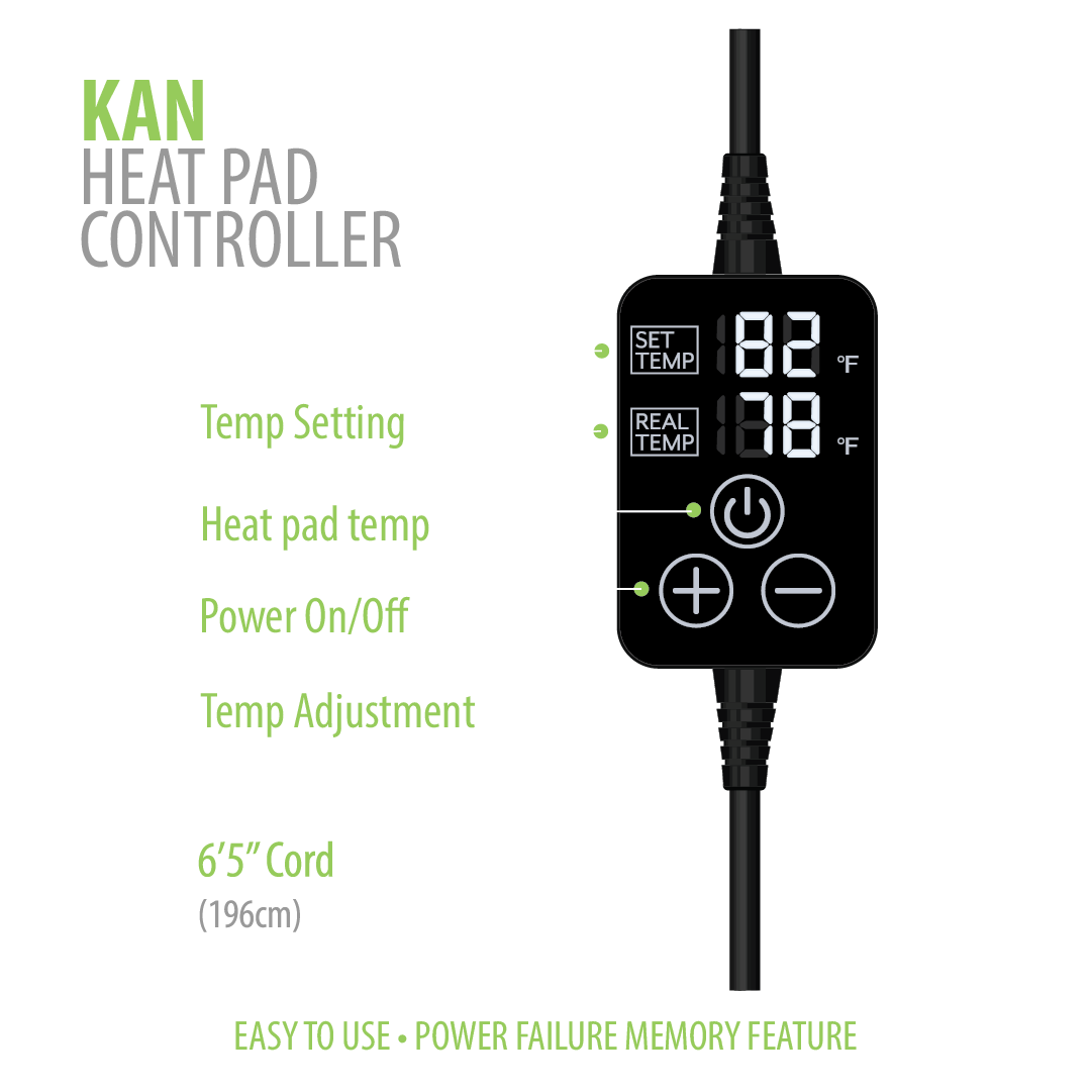 Image of our heat pad controller displaying the temperature setting and the real-time heat pad temperature. Below the display, there are buttons to turn the power on/off and adjust the desired temperature. build in power failure memory feature 