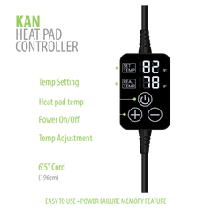 Image of our heat pad controller displaying the temperature setting and the real-time heat pad temperature. Below the display, there are buttons to turn the power on/off and adjust the desired temperature. build in power failure memory feature 