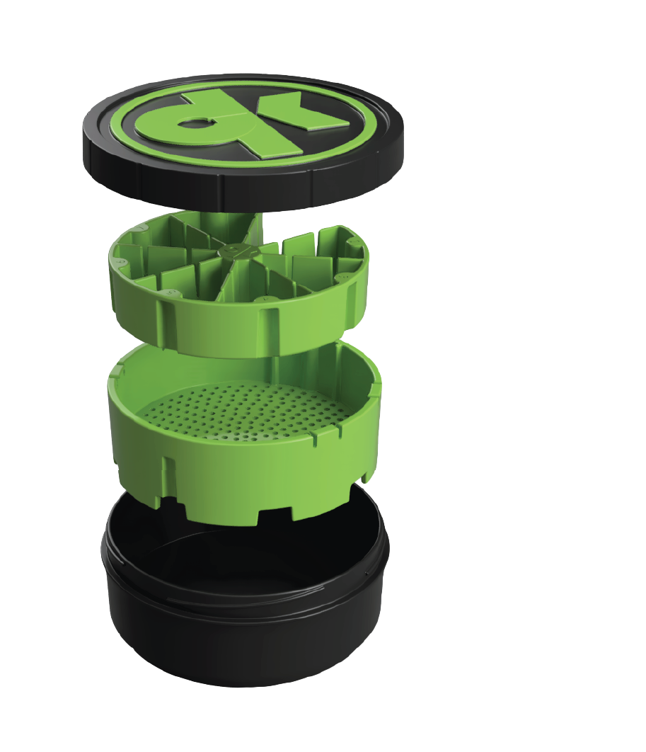 Image shows the full Kan Canister as blowout divided into parts starting at the bottom with the body/canister, the strainer, the partition and the lid on top