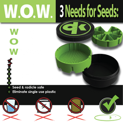 Images shows 3 needs for seeds 
W.O.W. = Water, Oxygen, Warmth
You can soak & germinate seeds. 
Highlighted benefits: Darkness, Organized, Multiple varieties at once, retains heat & humidity, seeds & radicle safe, eliminate single use plastic