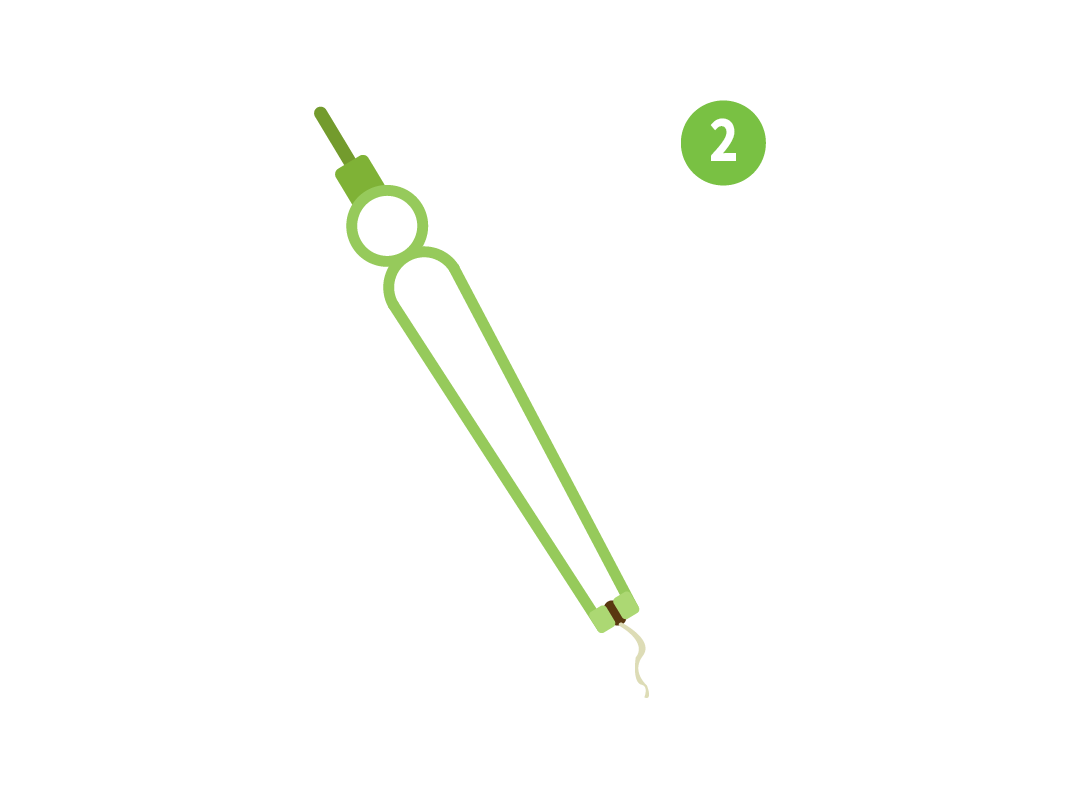 Image shows Step 2: how to grab a germinated seed with the cupped end of our huggers. Avoid the radicle (taproot), picking it up so the radicle (taproot) is between the cups, facing down and away from you. 