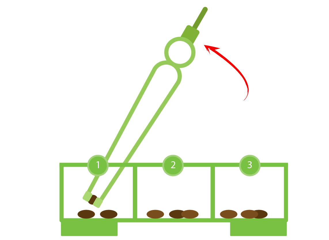 Image showing our Huggers cupped seed tweezers gently placing a seed inside the partitioned strainer of the Kan canister.