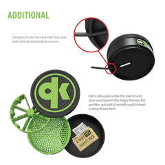Product Image showing the bottom of the Kan canister, featuring a notch designed to accommodate an alternative heat pad with a temperature sensor that can be easily attached underneath the canister.
It also highlights its storage capabilities: use a silica pack under the strainer to store seeds in the fridge or a humidity pack to keep flowers fresh.