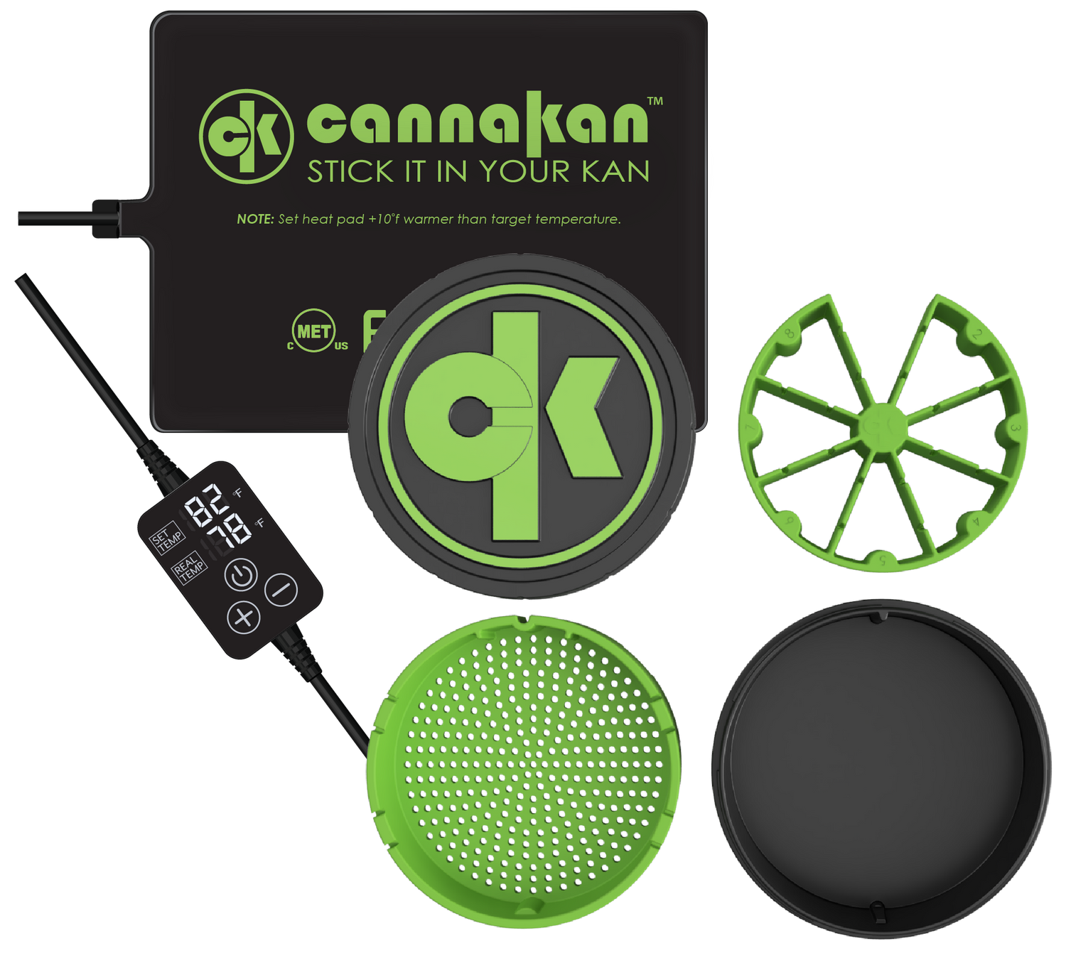 Images display our heat pad and controller alongside all the individual components of our Kan canister, highlighting its sustainability and reusability.